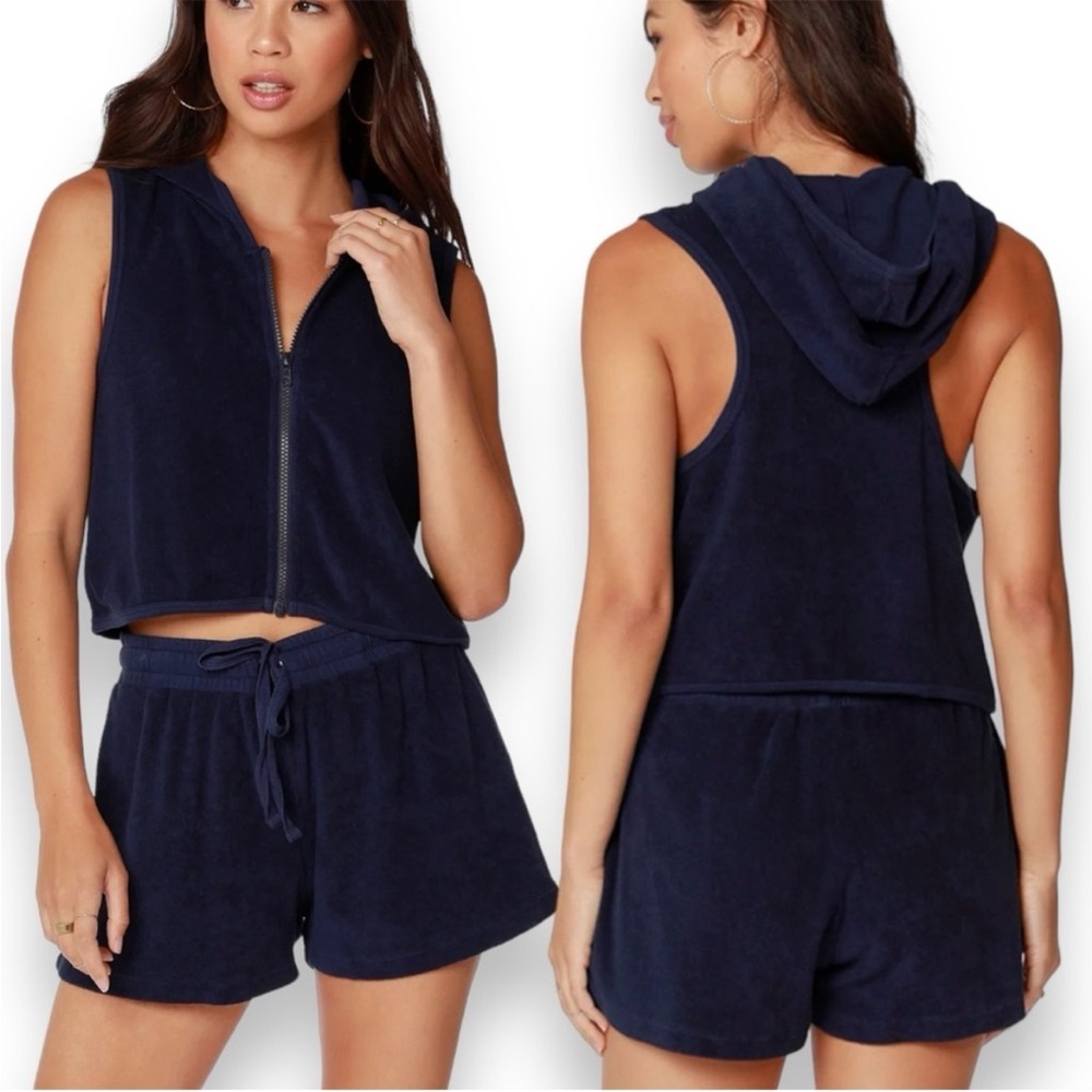 NWT Bobi Dark Navy Terry Cloth Hooded Zipper Vest Size Medium